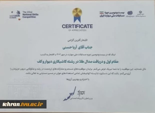 کسب مدال طلای رشته کاشیکاری دیوار و کف توسط دانشجوی دانشکده فنی انقلاب اسلامی تهران در مسابقات ملی مهارت ایران 3