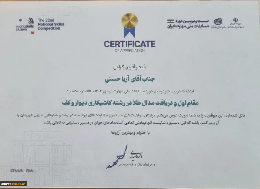 کسب مدال طلای رشته کاشیکاری دیوار و کف توسط دانشجوی دانشکده فنی انقلاب اسلامی تهران در مسابقات ملی مهارت ایران 3